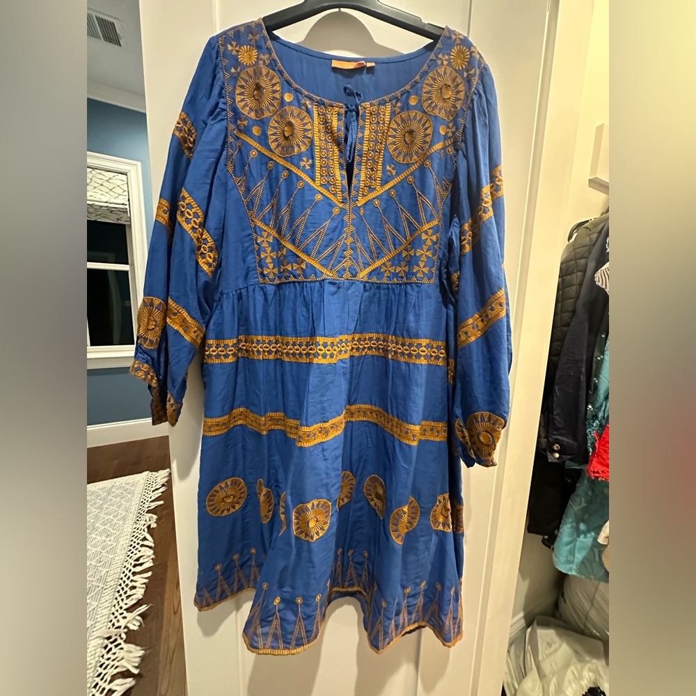 Oliphant Blue and Gold Embroidered Dress